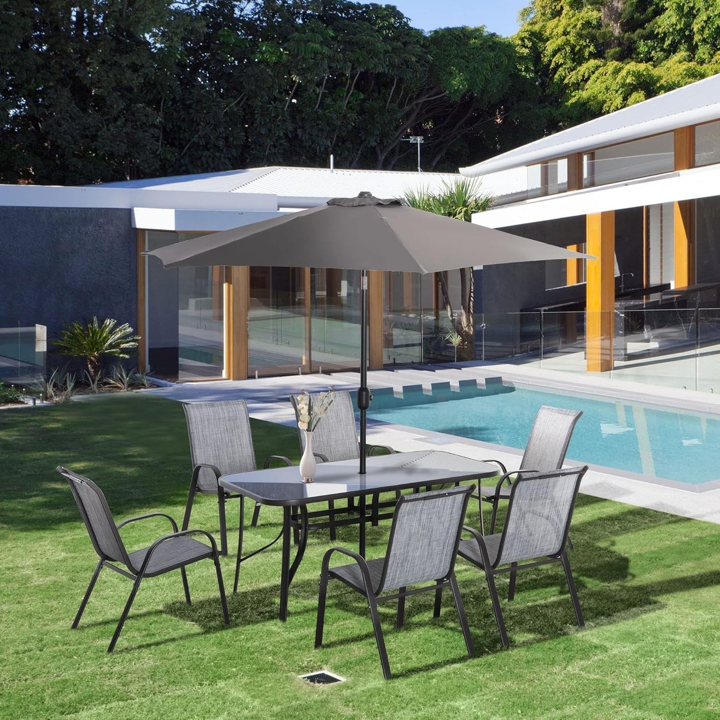 Eight Piece Patio Furniture Set with Umbrella and Chairs