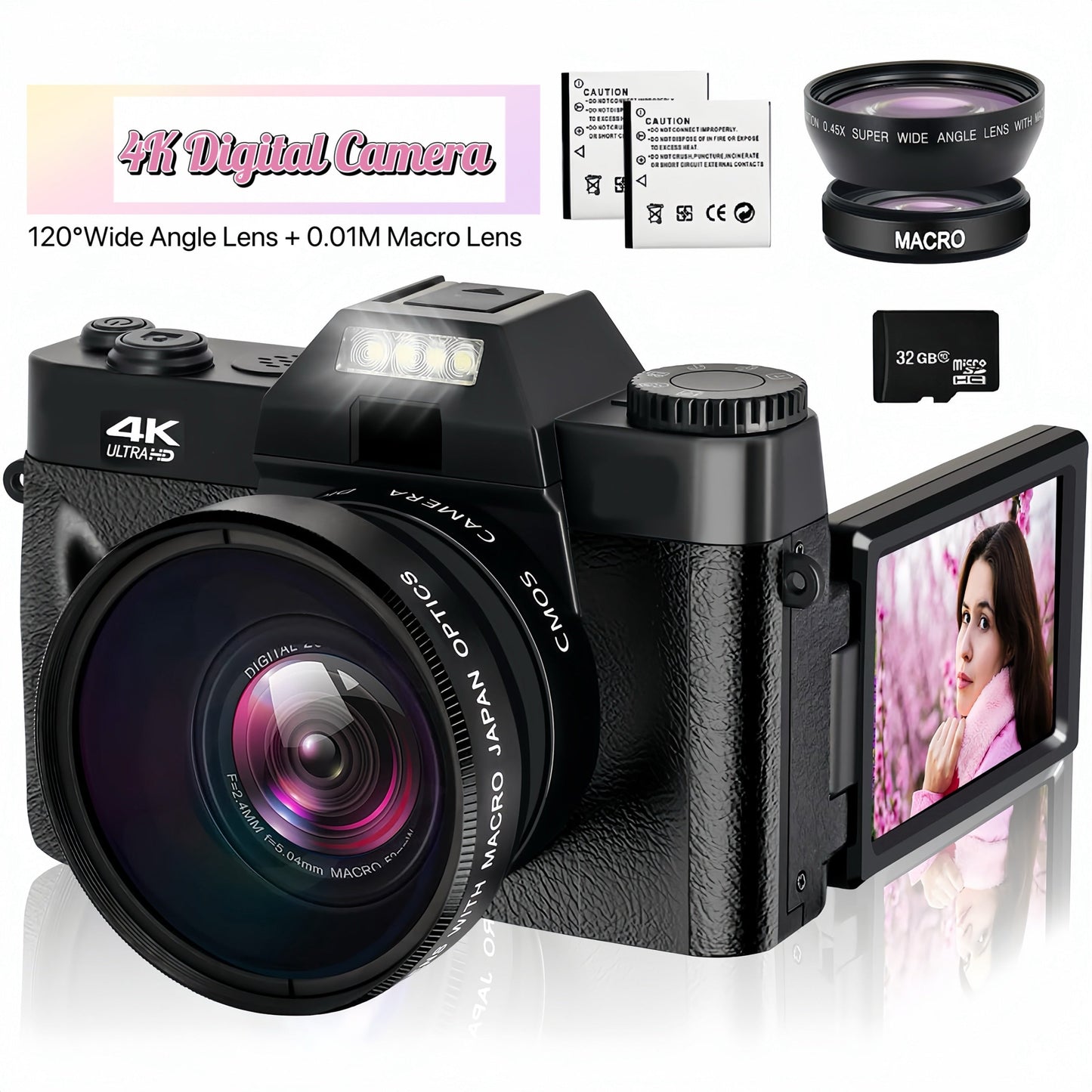 4K 48MP 16X Autofocus Digital Camera for Photography and Video, WiFi Enabled, 3" 180° IPS Flip Screen, Anti-Shake, Compact Vlogging Camera with 32GB Card and 2 Batteries