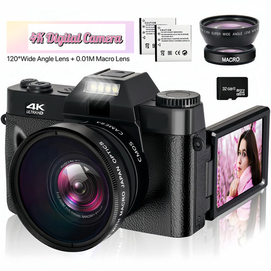 4K 48MP 16X Autofocus Digital Camera for Photography and Video, WiFi Enabled, 3" 180° IPS Flip Screen, Anti-Shake, Compact Vlogging Camera with 32GB Card and 2 Batteries