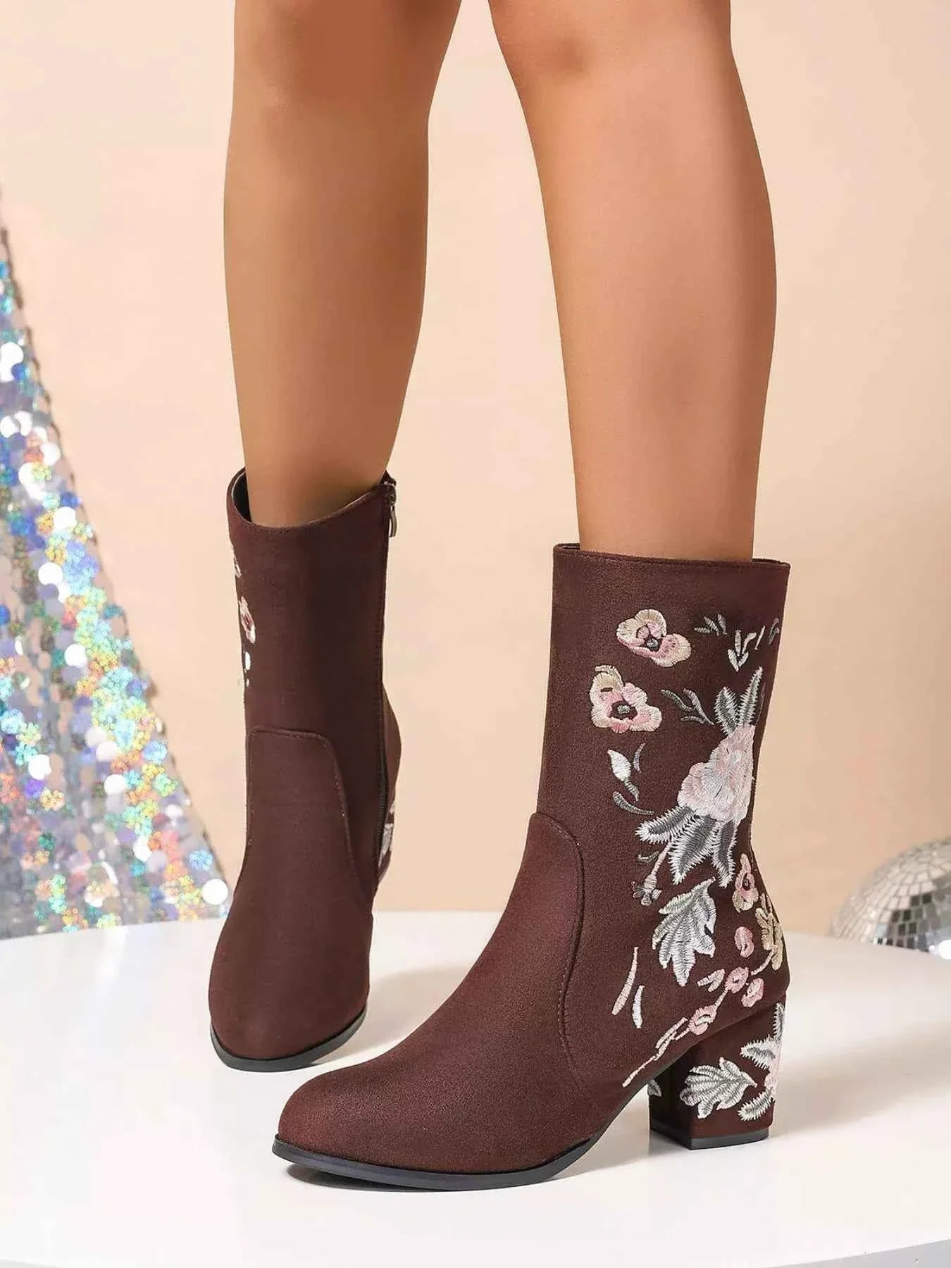 Floral Embroidered : Block Heel Boots