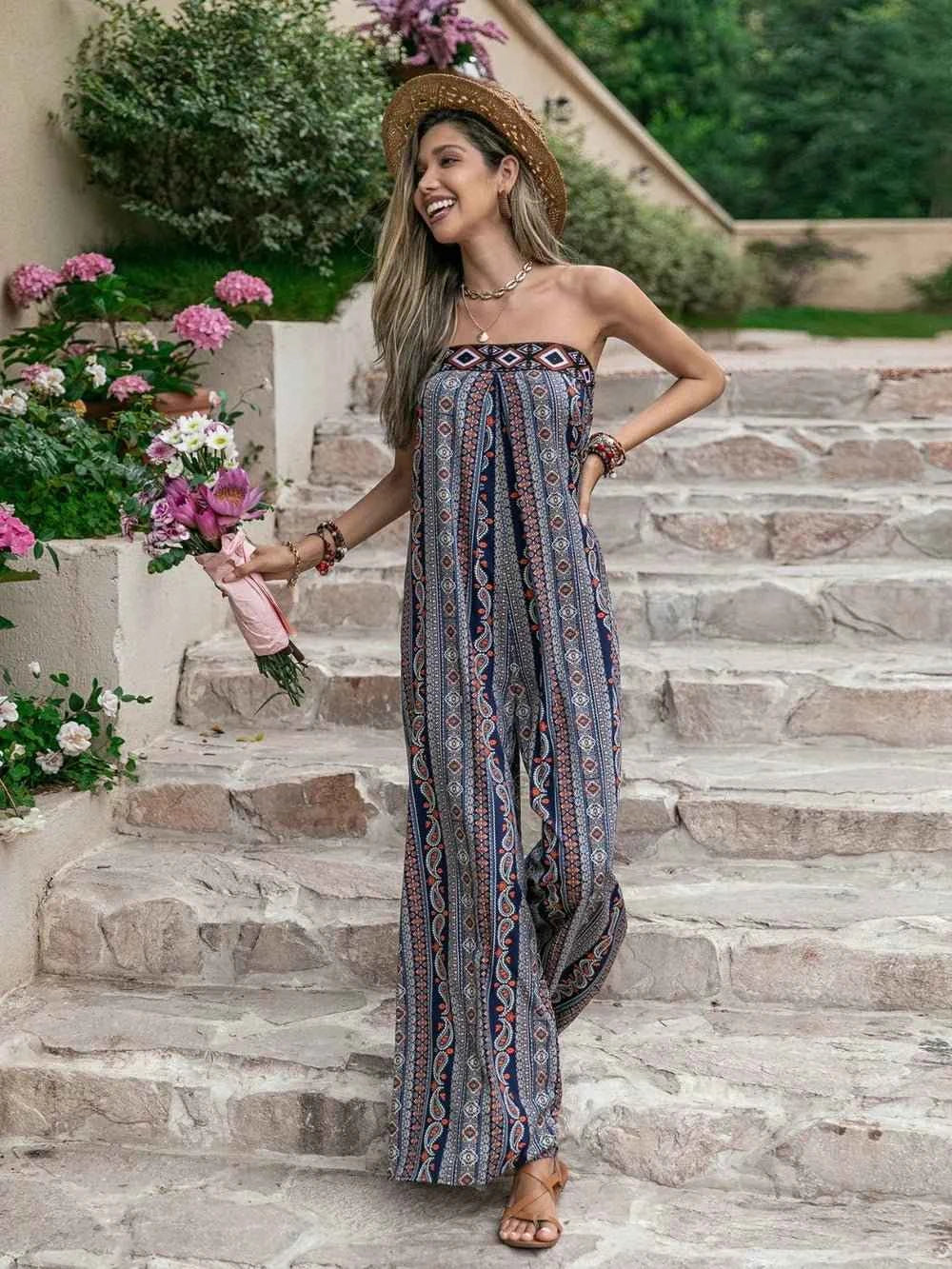 Tied Printed Tube : Wide Leg Jumpsuit