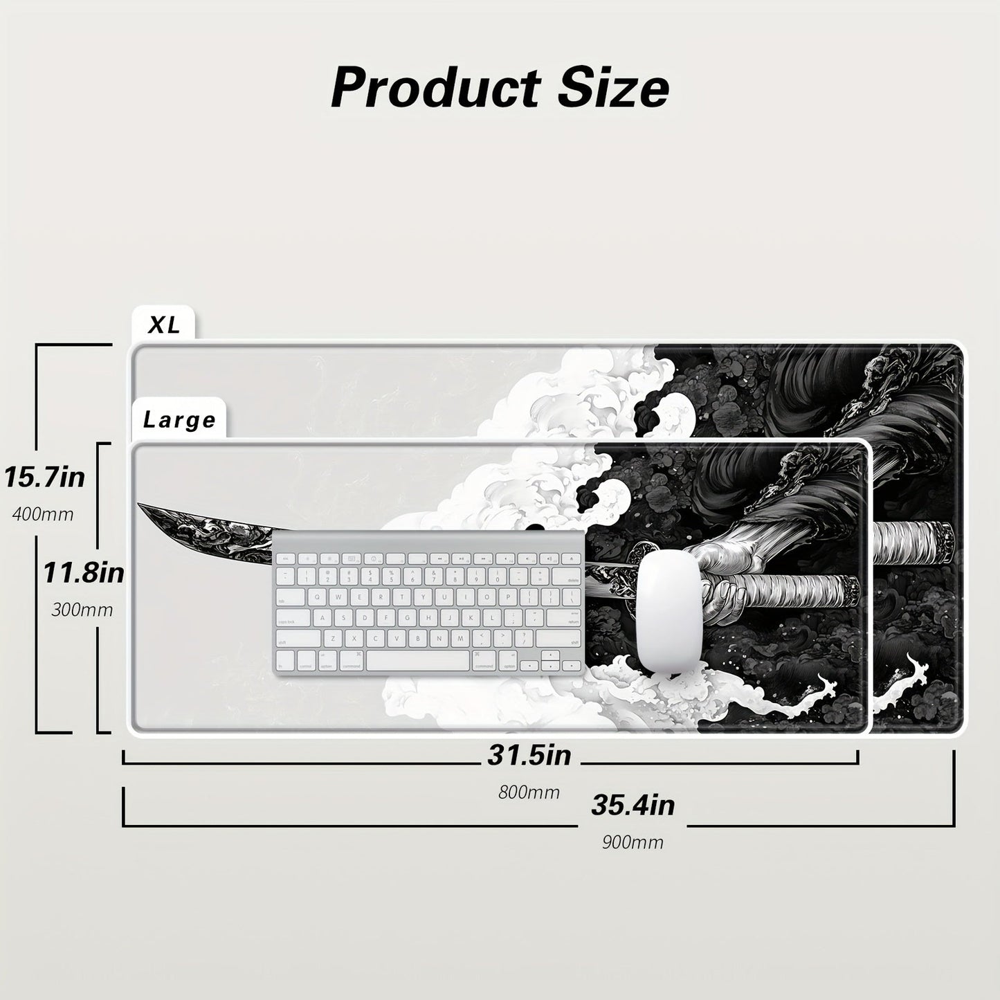 Extended Gaming Mouse Pad with Japanese Samurai Sword Design, Extra Large, Stitched Edges, Washable, Non-Slip Rubber Base, 31.5x11.8 inches