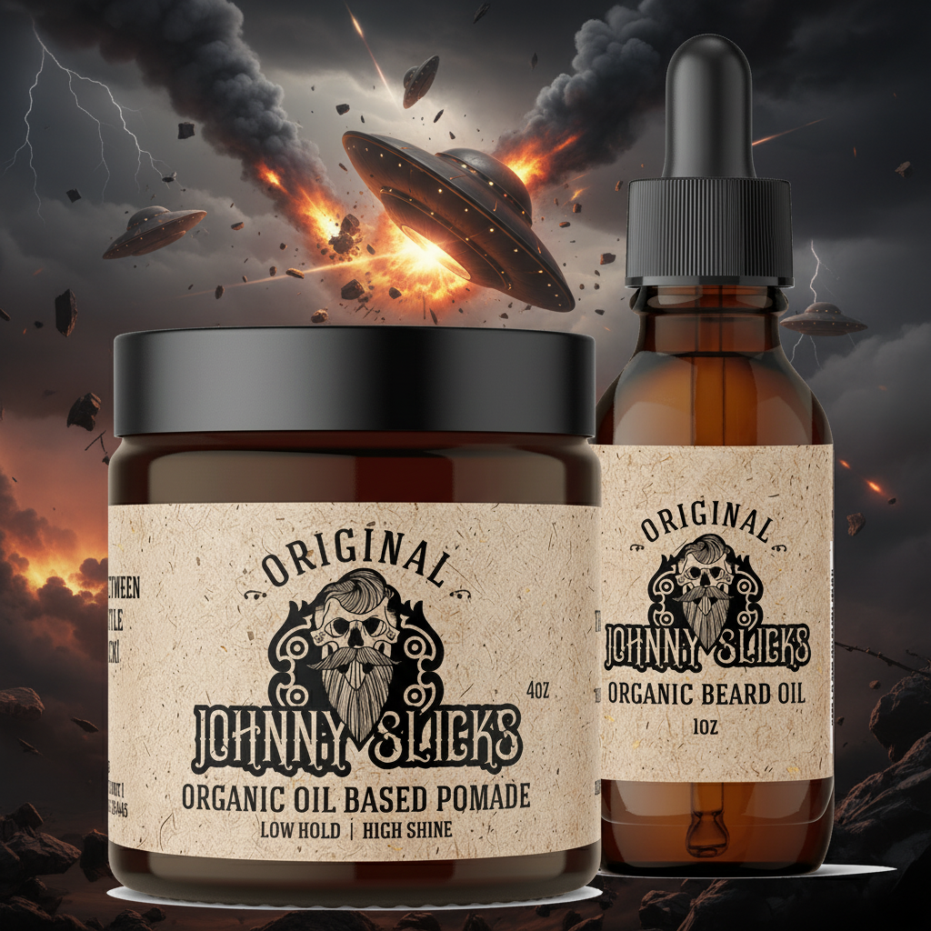 Jar and bottle of Johnny Slicks organic products on a white background