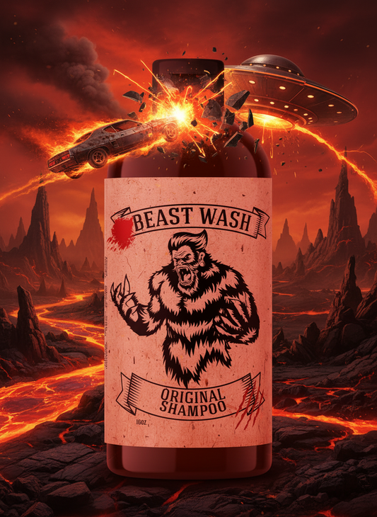 Bottle of Beast Wash Original Shampoo with a bear graphic on a white background