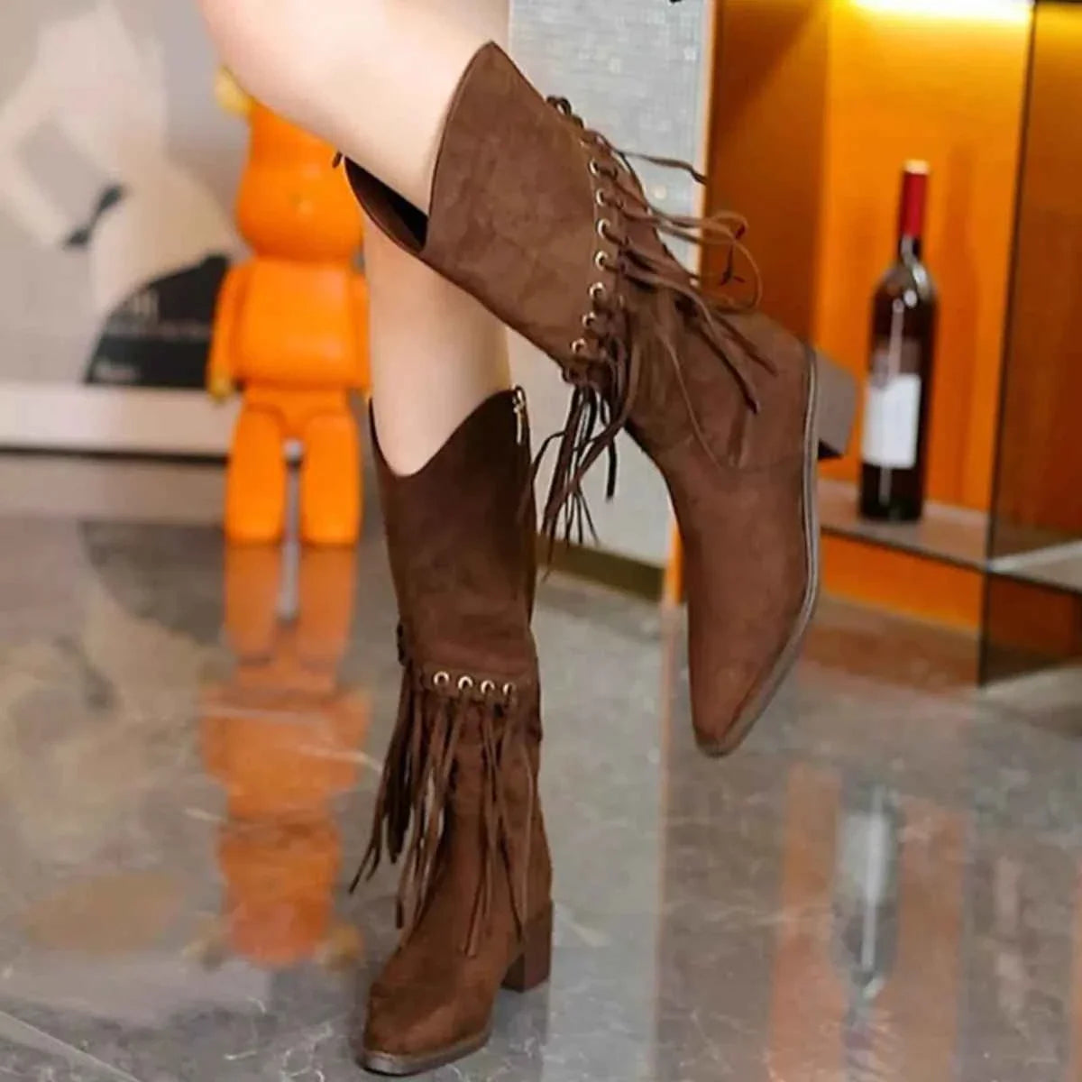 Fringed Point Toe Block : Heel Boots