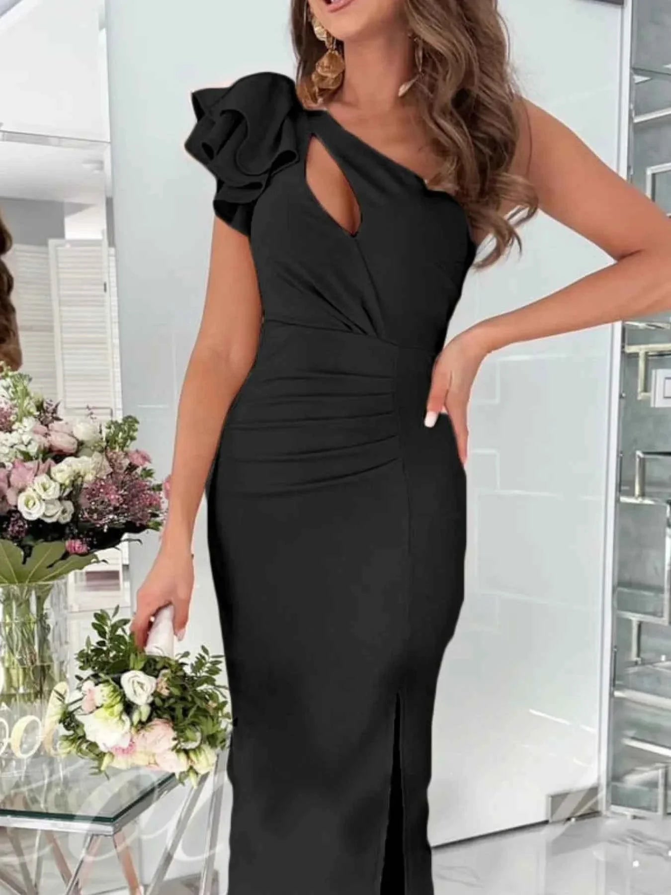 Cutout One Shoulder Ruffle : Split Dress