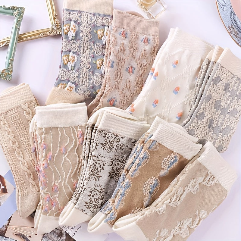 9-Pair Elegant Floral Print Mid-Tube Socks - Soft & Breathable Fabric - Perfect for Casual & Dressy Occasions