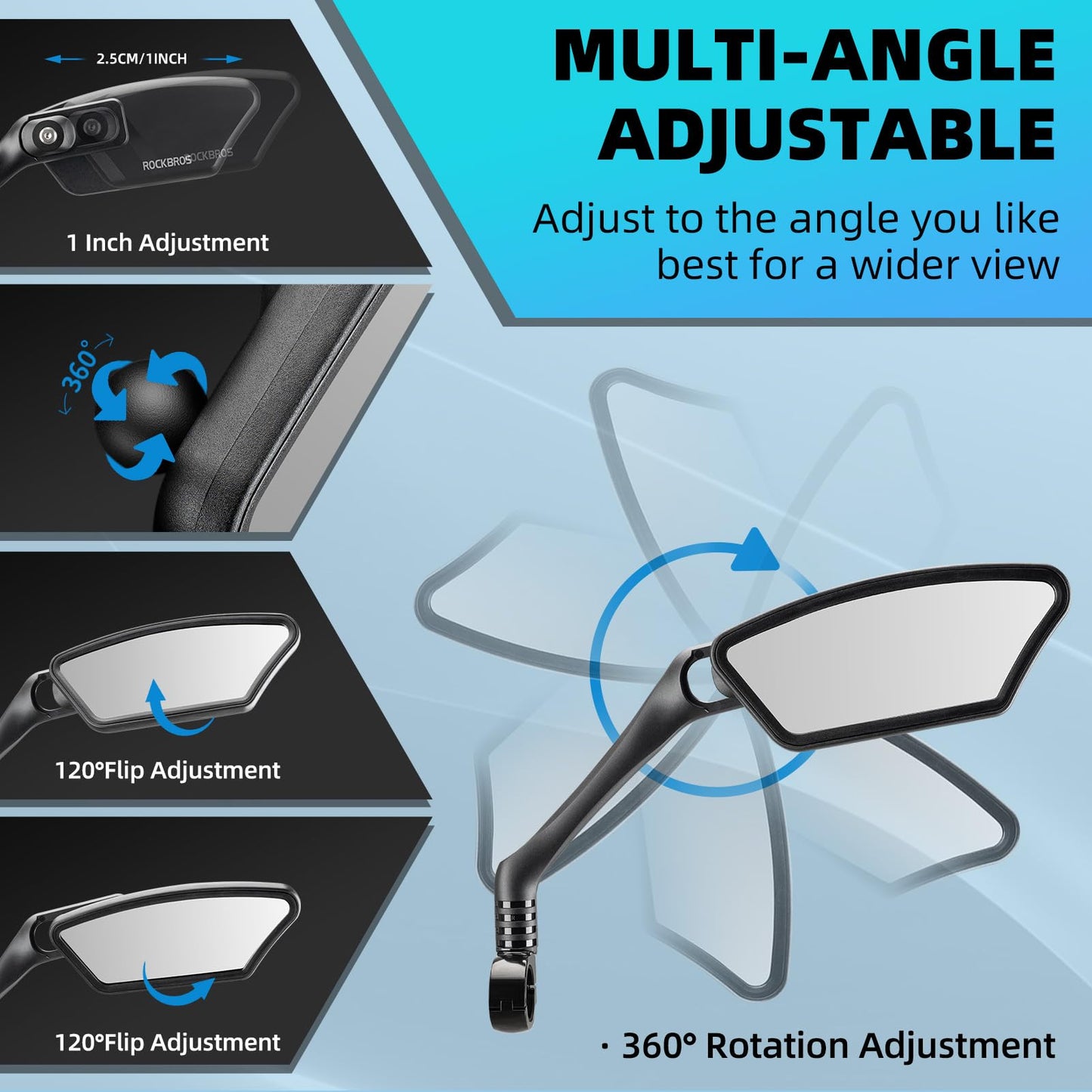 ROCKBROS HD Blast-Resistant Bike Mirror Adjustable Handlebar Mount 21-26mm