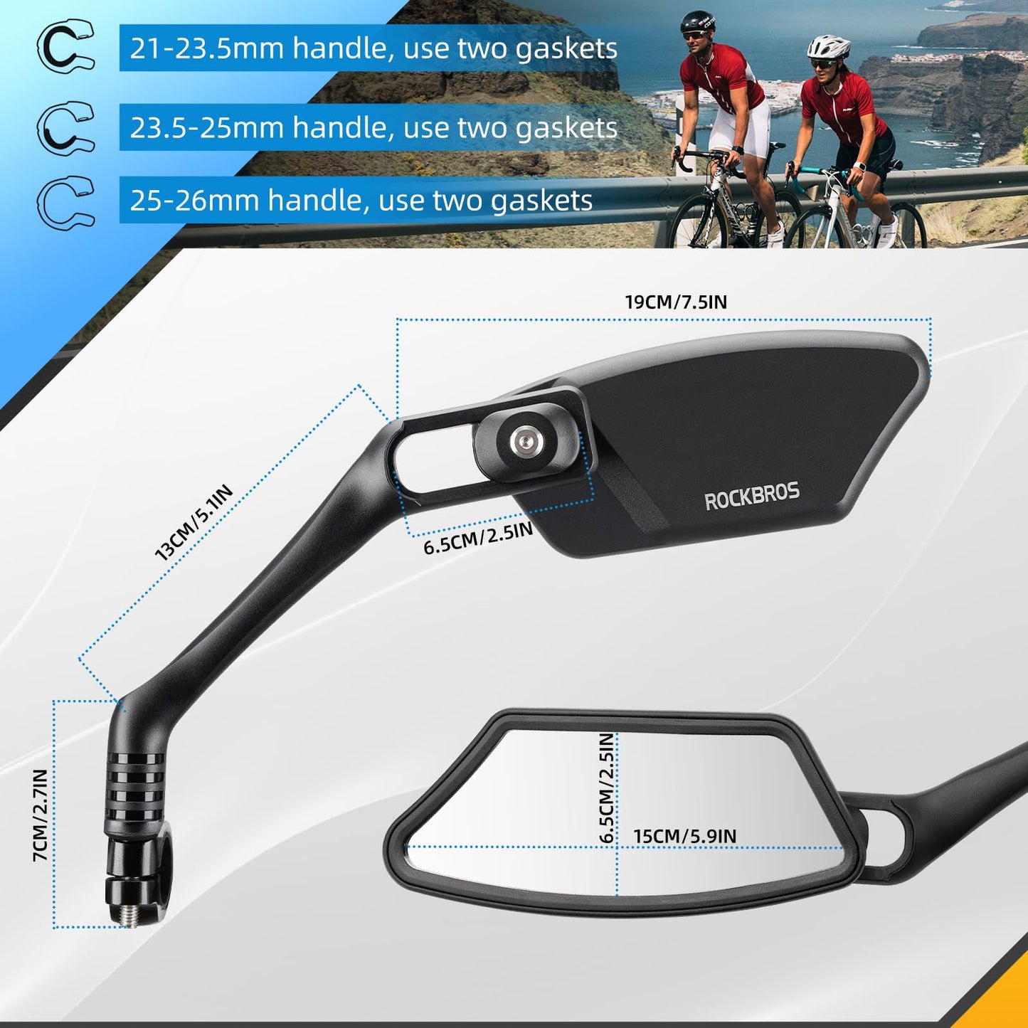 ROCKBROS HD Blast-Resistant Bike Mirror Adjustable Handlebar Mount 21-26mm