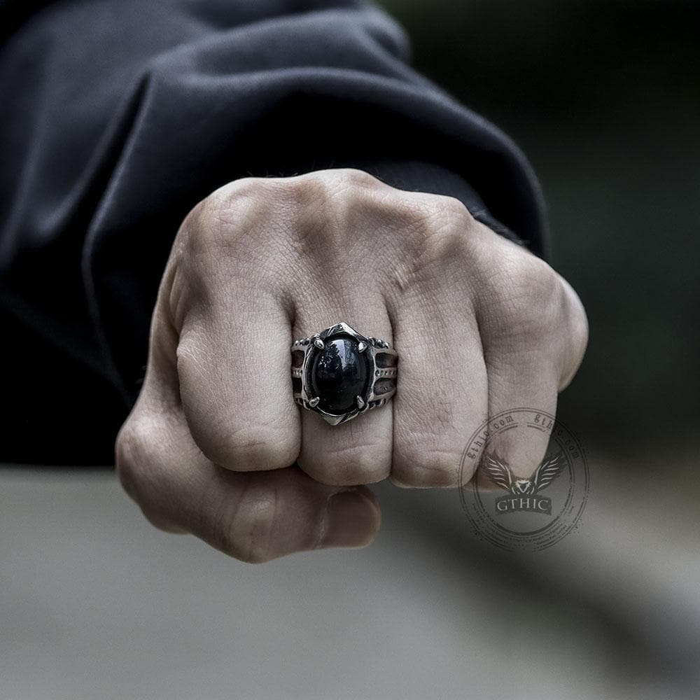 Black Agate Stainless Steel Punk Gothic Ring