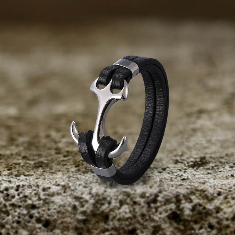 Black Leather Anchor Stainless Steel Marine Bracelet