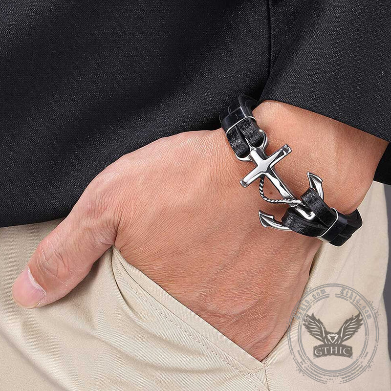 Black Leather Anchor Stainless Steel Marine Bracelet