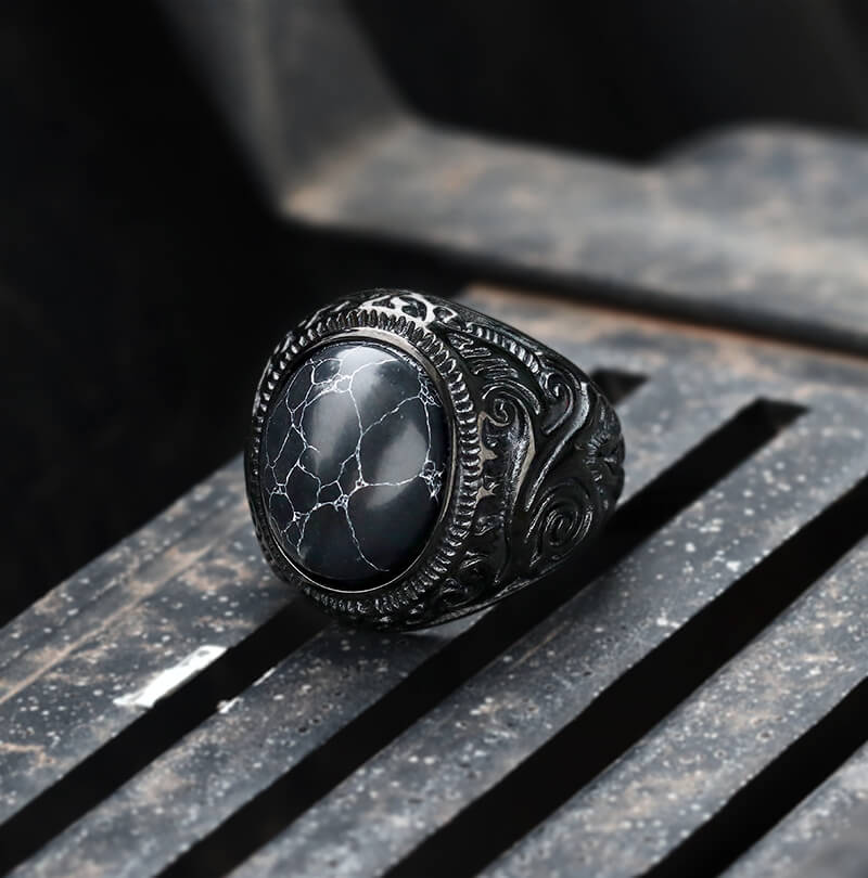 Black Turquoise Patterned Stainless Steel Ring