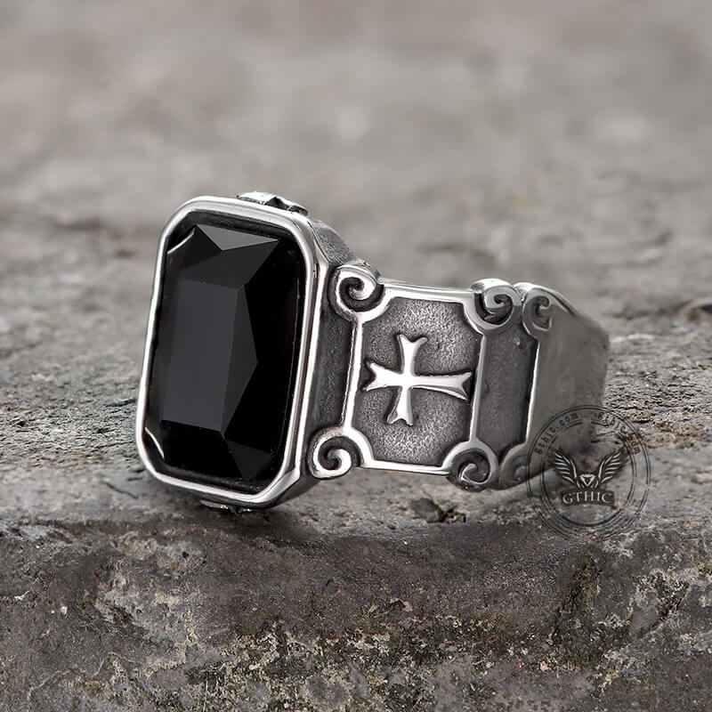 Black Zircon Stainless Steel Cross Ring
