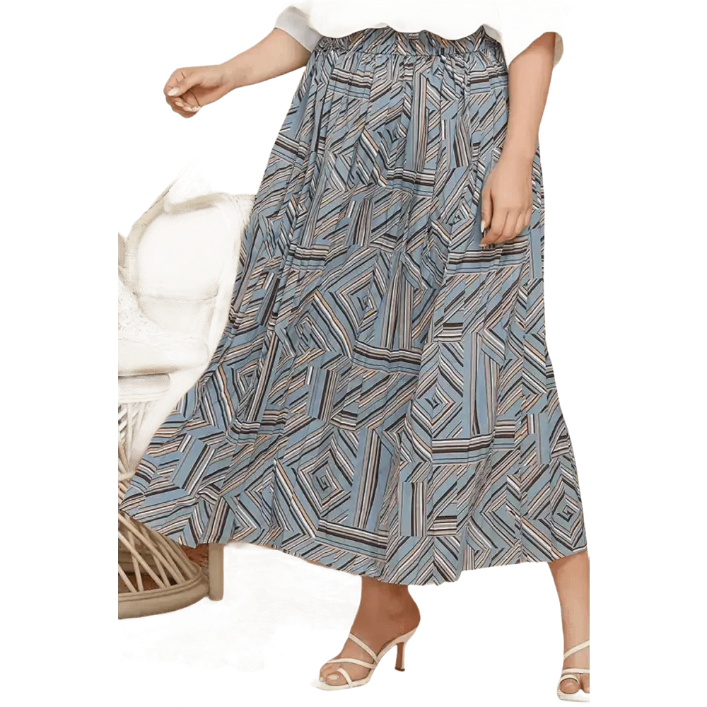 Blue Geometric Pleated Skirt Deep Teal Basic Style Length