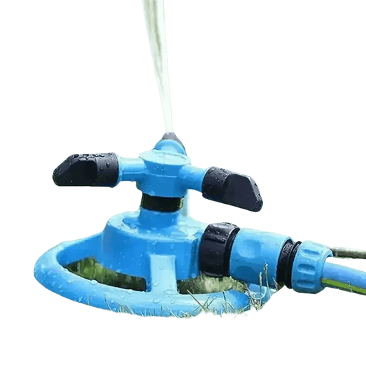 Blue Rotating Garden Sprinklers Watering Grass