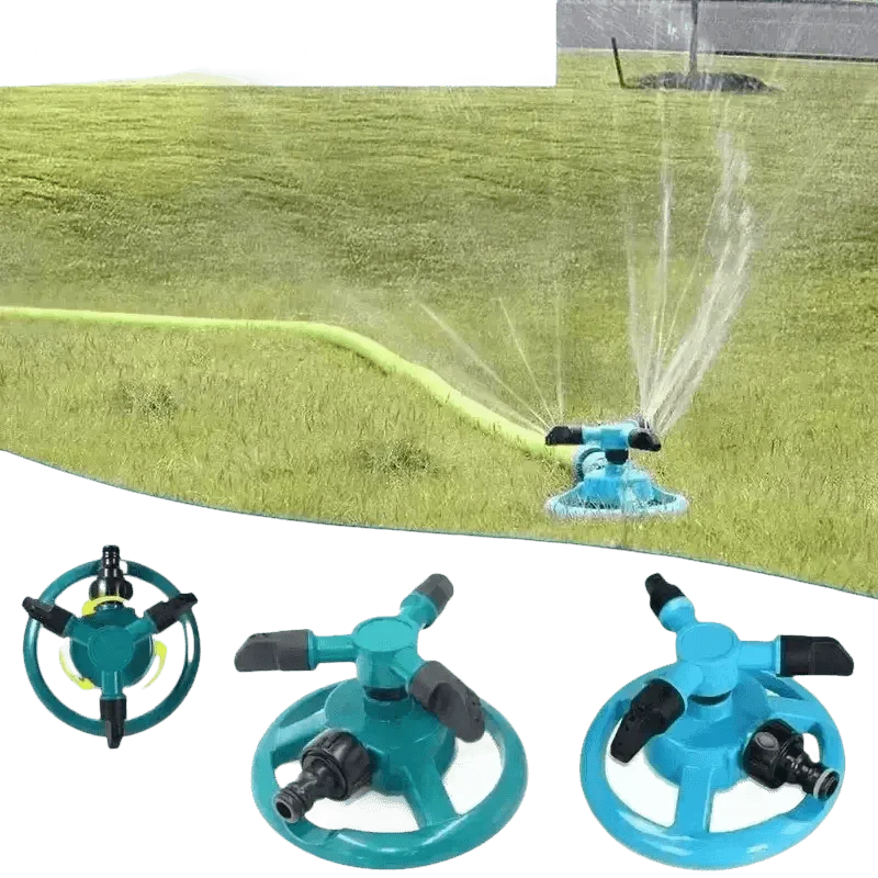 Blue Rotating Garden Sprinklers Watering Grass
