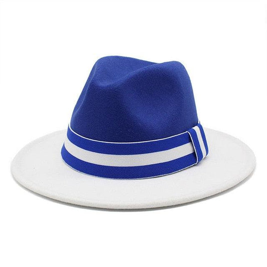 Blue White Men Fedora Unisex Solid Color Fedora Hat Fashion Solid Color Hat Bright Color Wide Brim Autumn Winter Retro Hat Two Tone Dress Hat 56-58CM