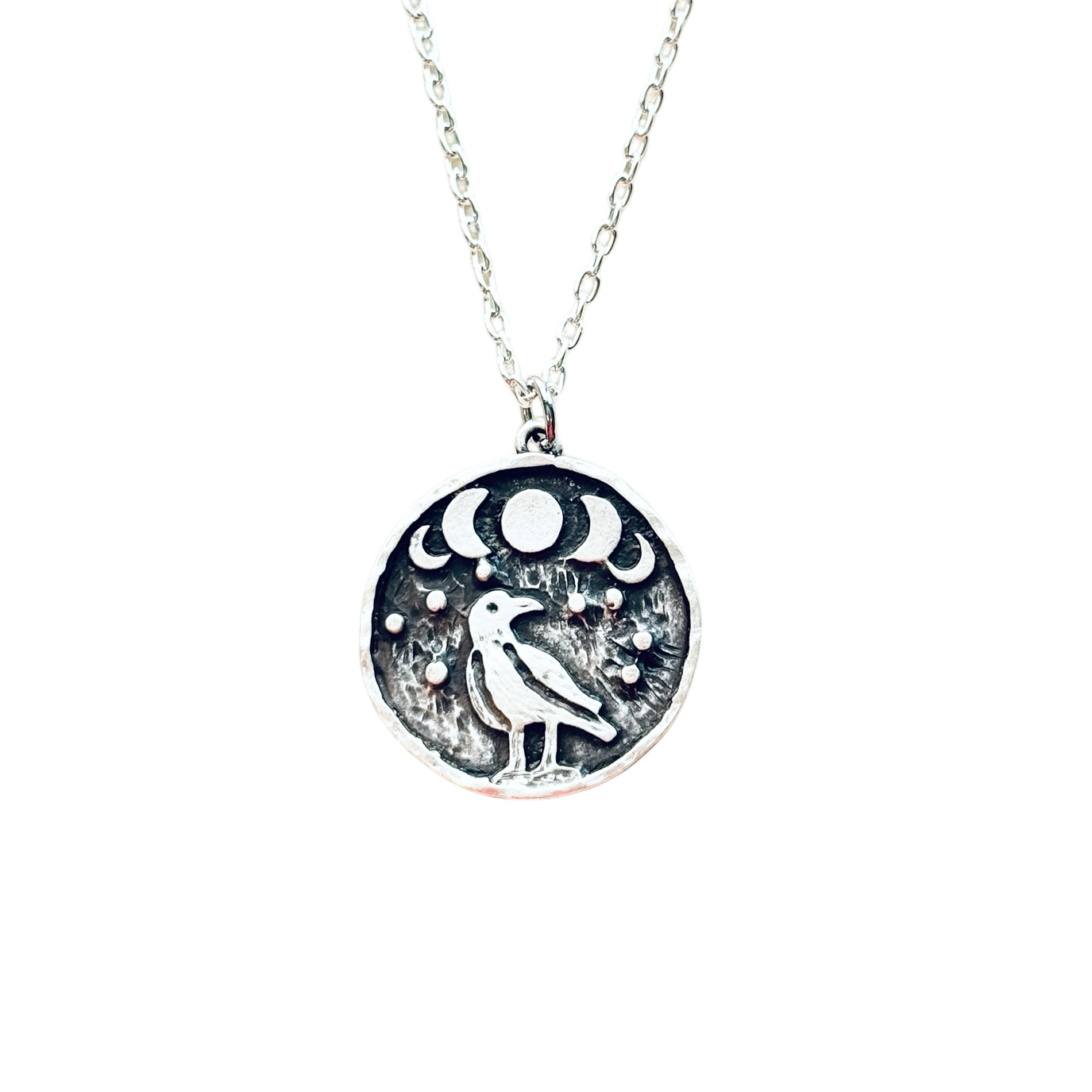 Crow coin necklace, Moon Phase Lunar Cycle Charm Pendant