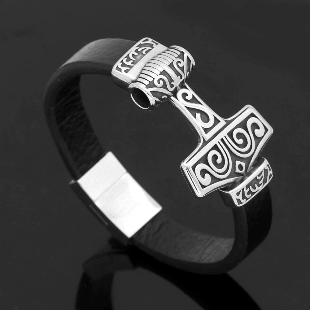 Vikings Mjolnir Stainless Steel Real Leather Bracelet