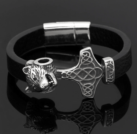Vikings Wolf Head in Mjolnir Leather Bracelet