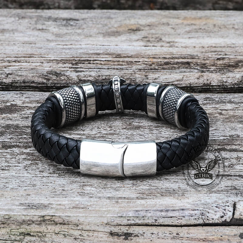 Budded Cross Stainless Steel Braided Leather Bracelet