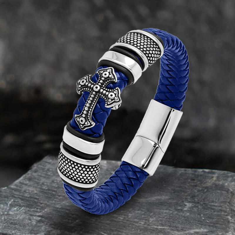 Budded Cross Stainless Steel Braided Leather Bracelet