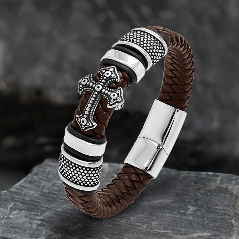Budded Cross Stainless Steel Braided Leather Bracelet