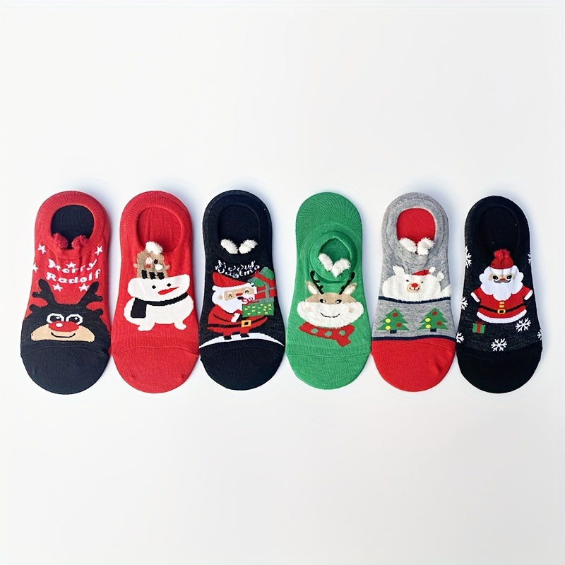 6 Pairs Christmas Cartoon Print Socks, Soft & Comfy Low Cut Ankle Socks, Women's Stockings & Hosiery