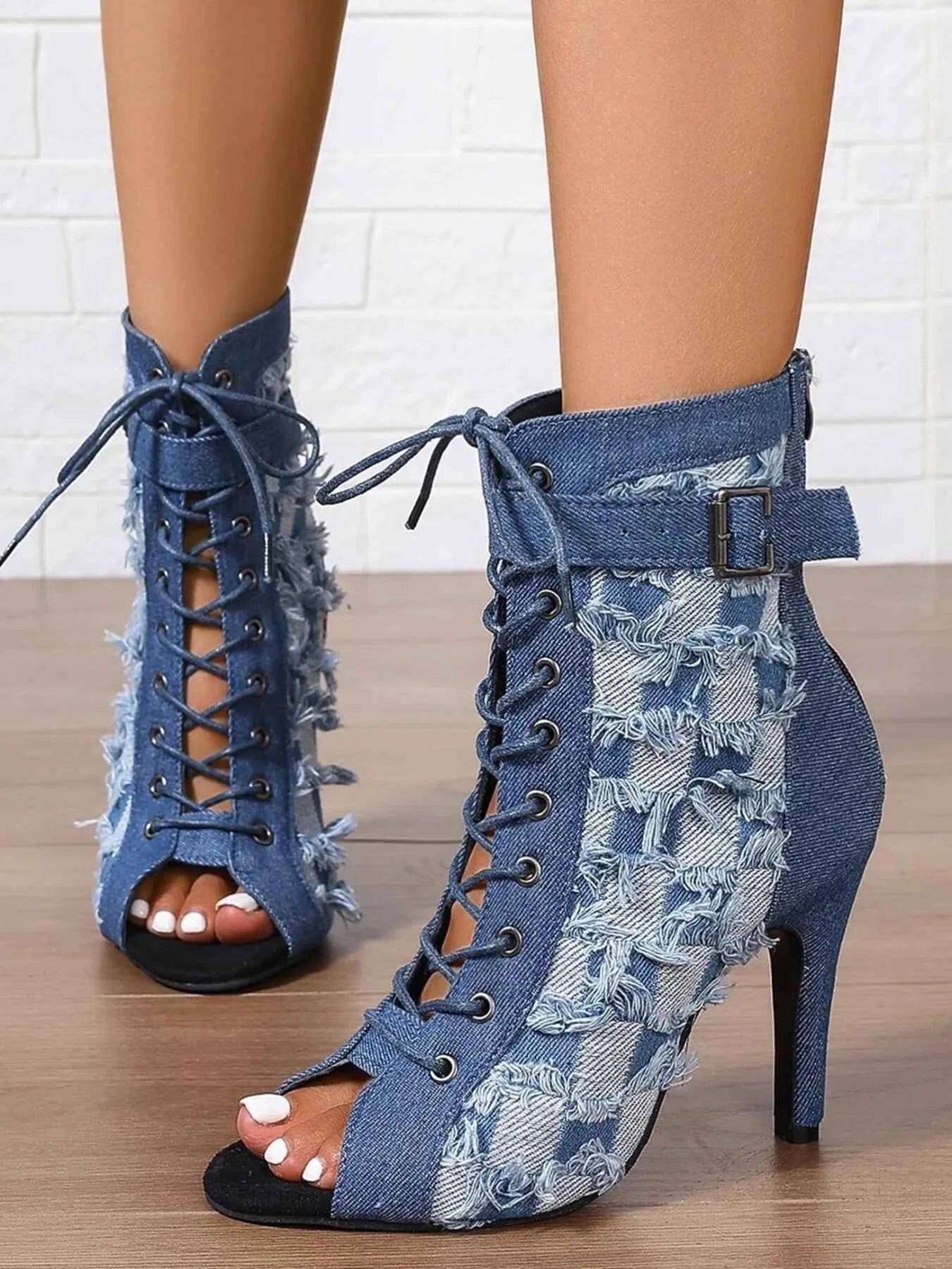 Distressed Denim Lace-Up Peep Toe Ankle Boots