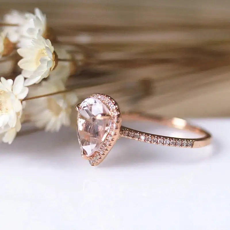 European And American 18K Rose Gold Plated Inlaid Pink Crystal Water Drop Pear-shaped Ring