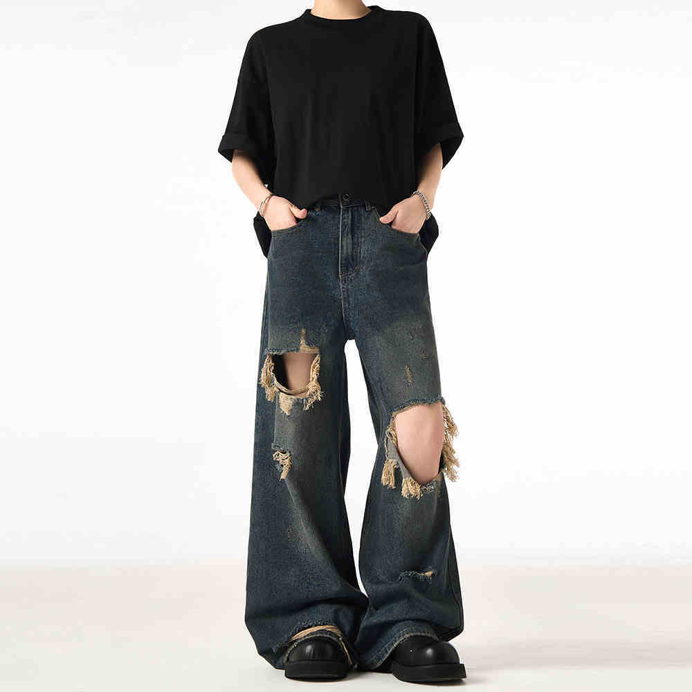 Couple Hole Worn Jeans Wide-leg Pants