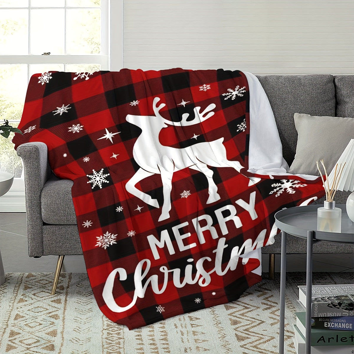 1pc Christmas Elk Blankets, Luxury Cozy Warm Flannel Fleece Throw Blanket, Black Bedspread For Couch Chair Bed Sofa Travel