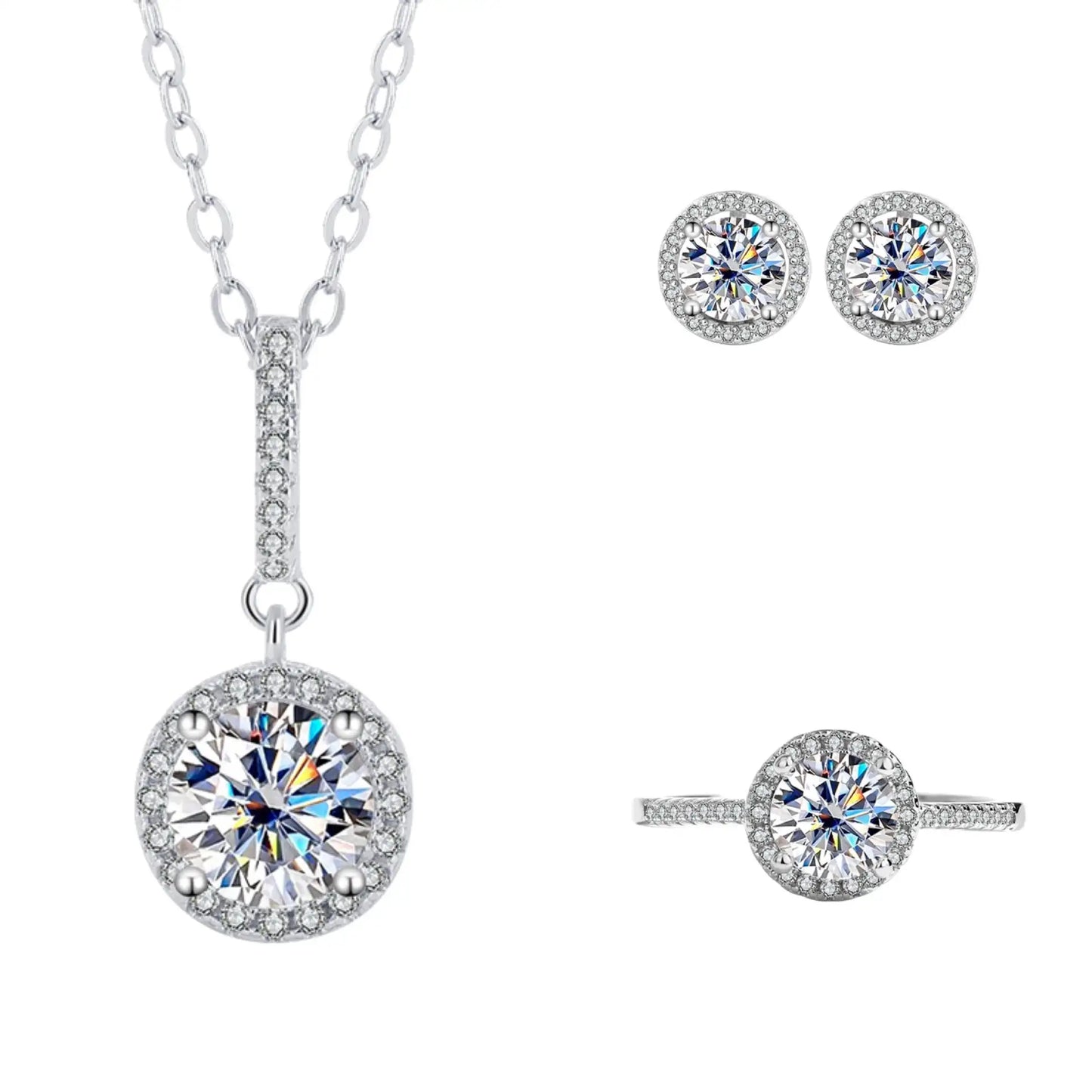 S925 Sterling Silver Moissanite Round Bag Three-piece Female Ring Necklace