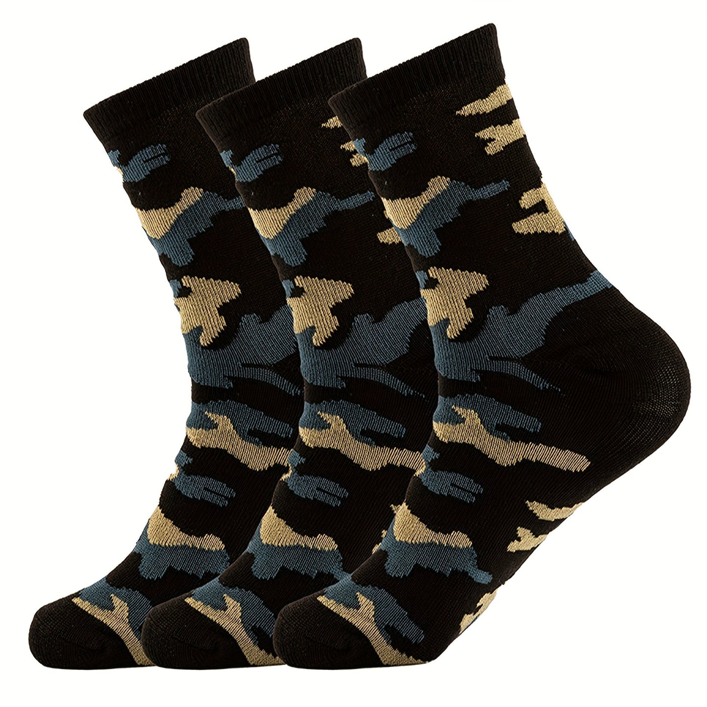 3 Pcs Men's Camo Sports Crew Socks - Durable, Stretchy, Ribbed Cuff for All Seasons