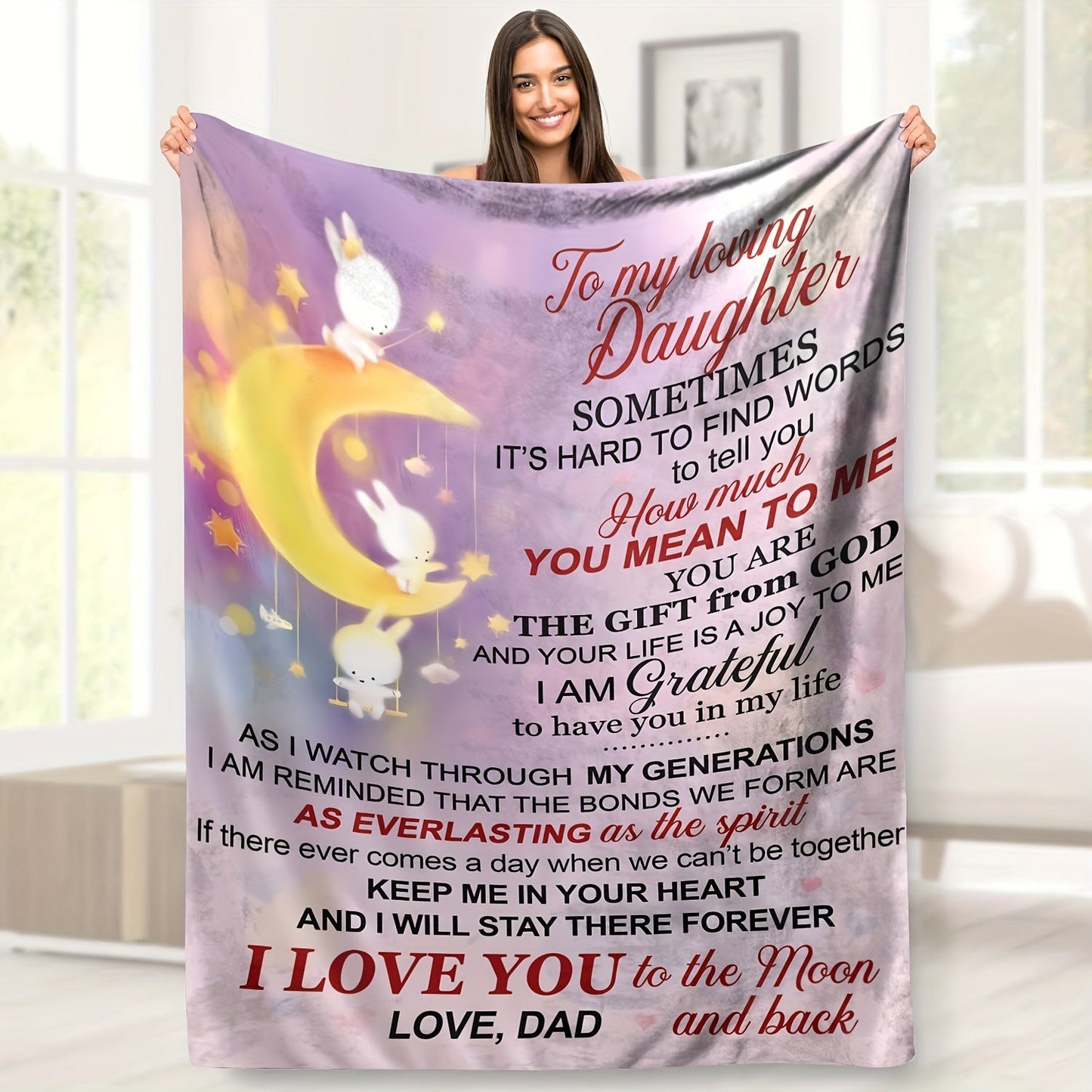 1pc To My Daughter Sentimental Message Throw Blanket, Soft Flannel Blanket With Moon Theme, Loving Gift From Dad For Indoor, Cozy Home Decor