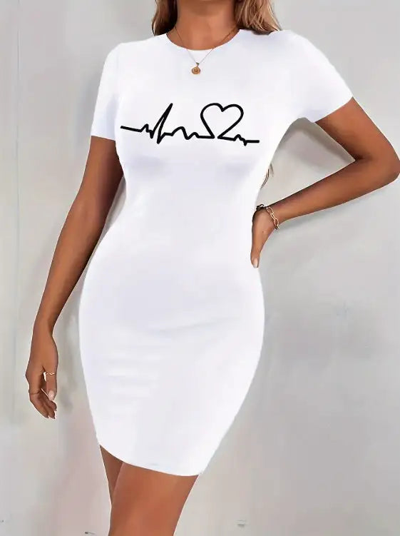 Ladies' Round Neck Solid Color Letter Printed Fashionable Dress