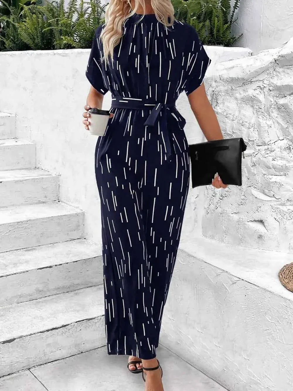 Tied Printed Mock Neck : Wide Leg Jumpsuit
