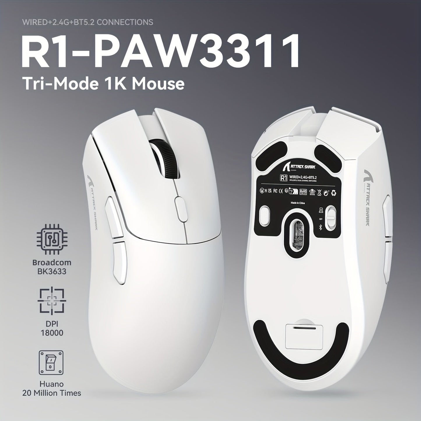 ATTACK SHARK R1 PRO 59g SUPERLIGHT Mouse, PixArt PAW3311 Gaming Sensor, BT/2.4G Wireless/Wired Gaming Mouse, 6 Adjustable Up To 18000, 65 Hrs Battery, Office Mice For Win11/Xbox/PS/Mac (()Black )
