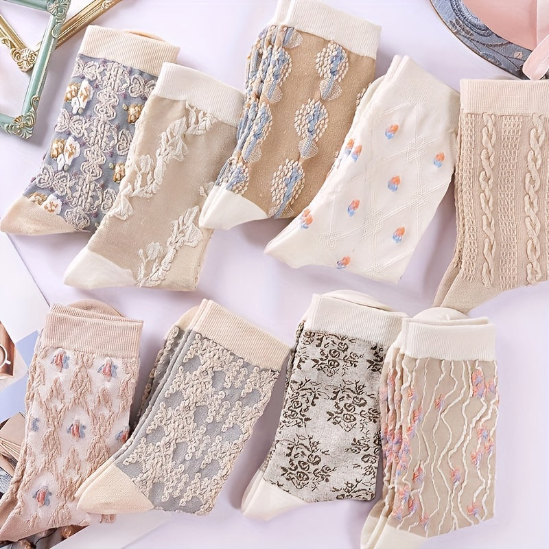 9-Pair Elegant Floral Print Mid-Tube Socks - Soft & Breathable Fabric - Perfect for Casual & Dressy Occasions