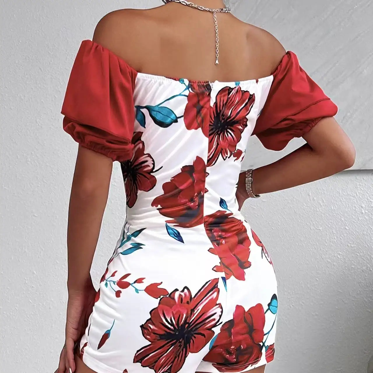 Ladies' Fashionable Casual Floral Print Off Shoulder Knot Decoration Hollow Jumpsuit