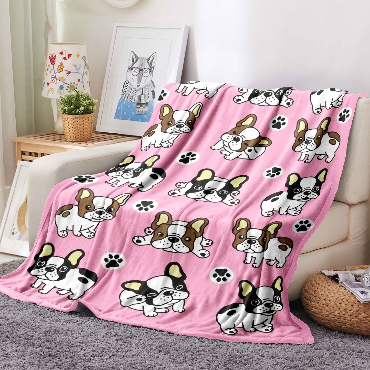 1pc Cute Cartoon Bulldog Print Blanket, Flannel Blanket, Soft Warm Throw Blanket Nap Blanket For Couch Sofa Office Bed Camping Travel, Multi-purpose Gift Blanket For All Season