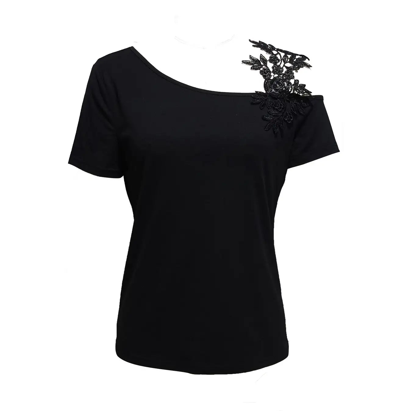 Ladies' Solid Color Lace Appliqu E Shoulder Strap Slanted Shoulder Collar Off Shoulder Elegant Design T-shirt Top