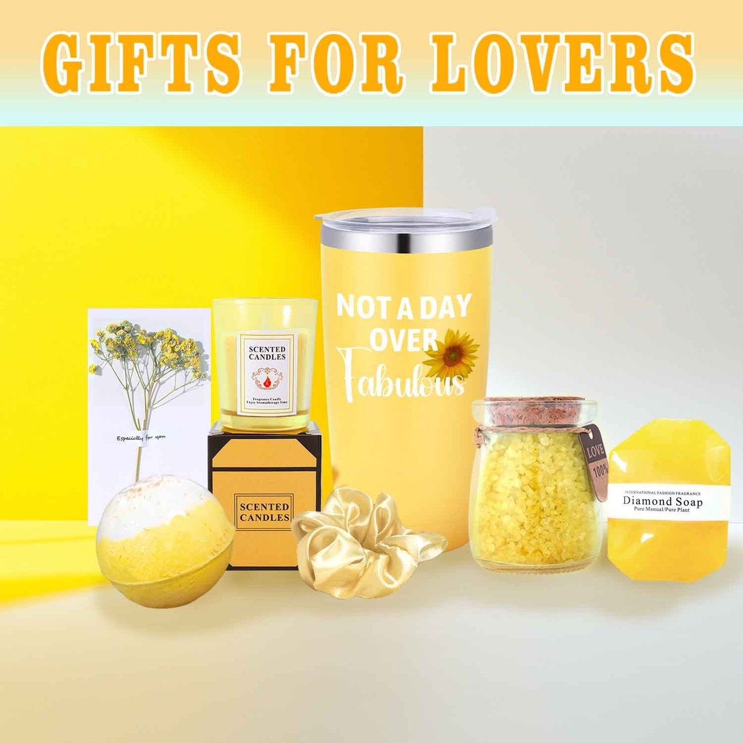 8pcs "Not A Day Over Fabulous" Yellow Spa & Bath Gift Set - Includes Insulated Travel Mug with Lid, Scented Candle, Bath Bomb, Diamond Soap, Love Note Card & Elegant Gift Box - Ideal for Women, Men, Friends on Christmas, Than