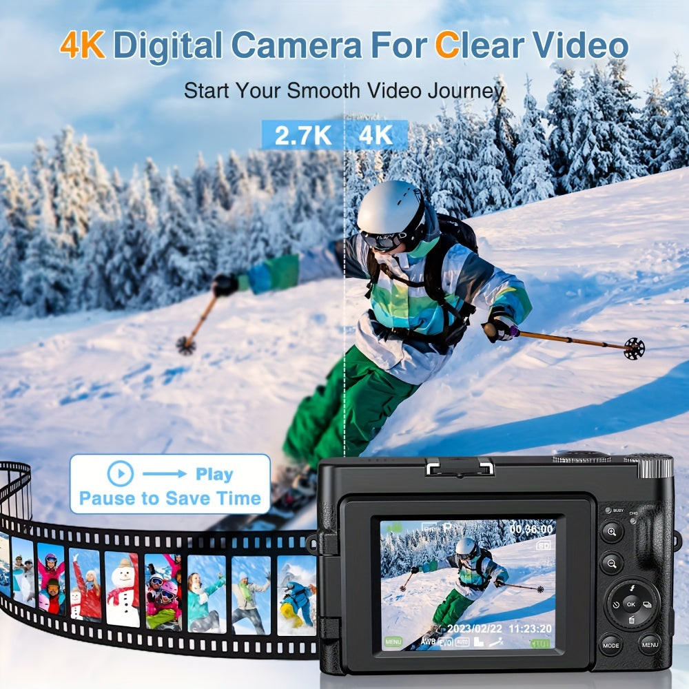 "4K Digital Camera with 48MP, 3"" Flip Screen, Autofocus, Anti-Shake, 16x Zoom for Photography and Video"