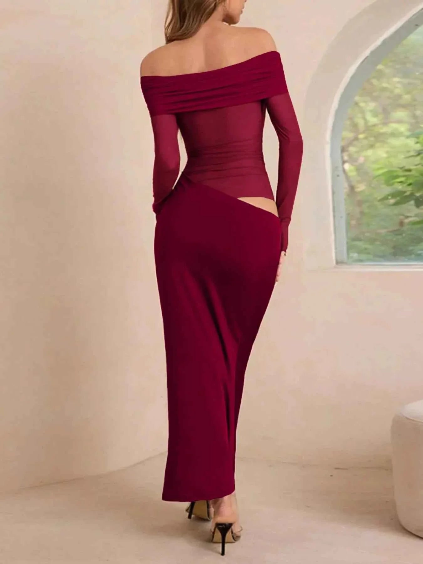 Off-Shoulder Long Sleeve Ruched : Bodycon Maxi Dress