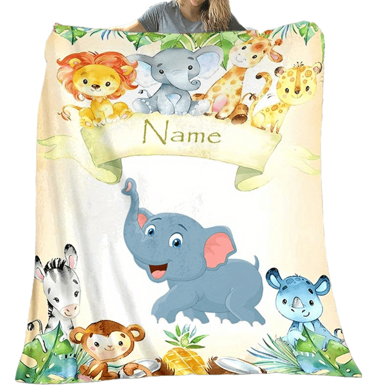 1pc Custom Your Name Blanket, Personalized Cute Elephant Animals Pattern Text Blanket, Outdoor Travel Leisure Four Seasons Nap Blanket, For Anniversary Gift