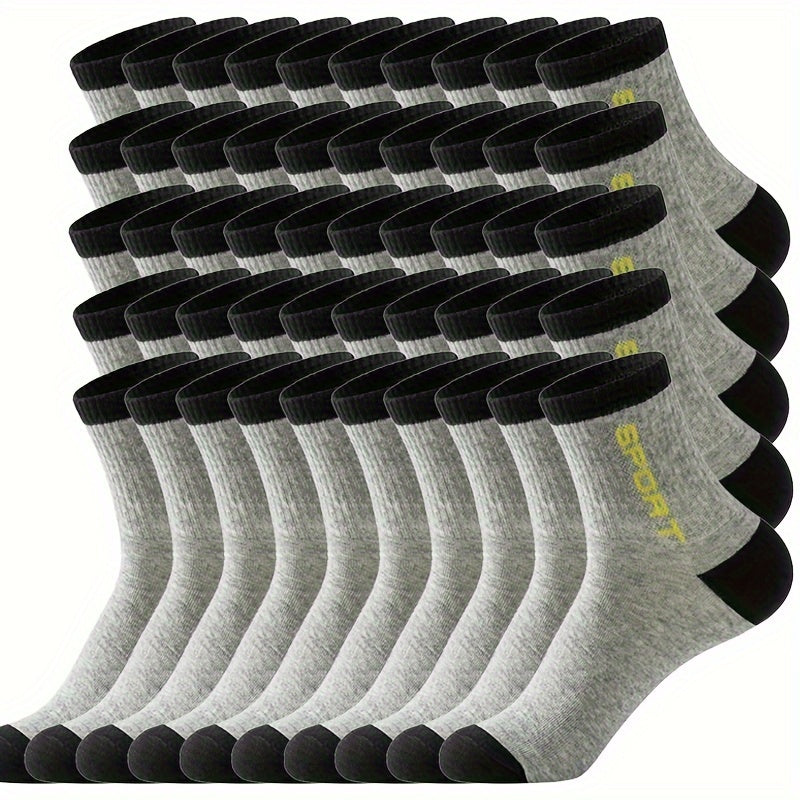 50 Pairs Of Men's Solid Letter Print Sport Crew Socks, Breathable Sweat-absorbing Comfy Soft Casual Simple Style Socks All Seasons Wearing