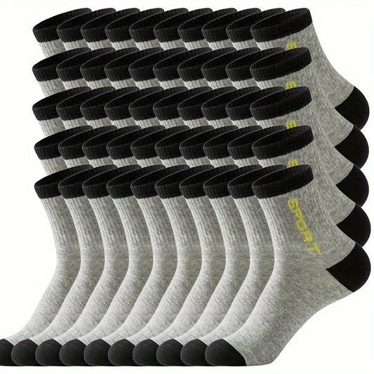 50 Pairs Of Men's Solid Letter Print Sport Crew Socks, Breathable Sweat-absorbing Comfy Soft Casual Simple Style Socks All Seasons Wearing