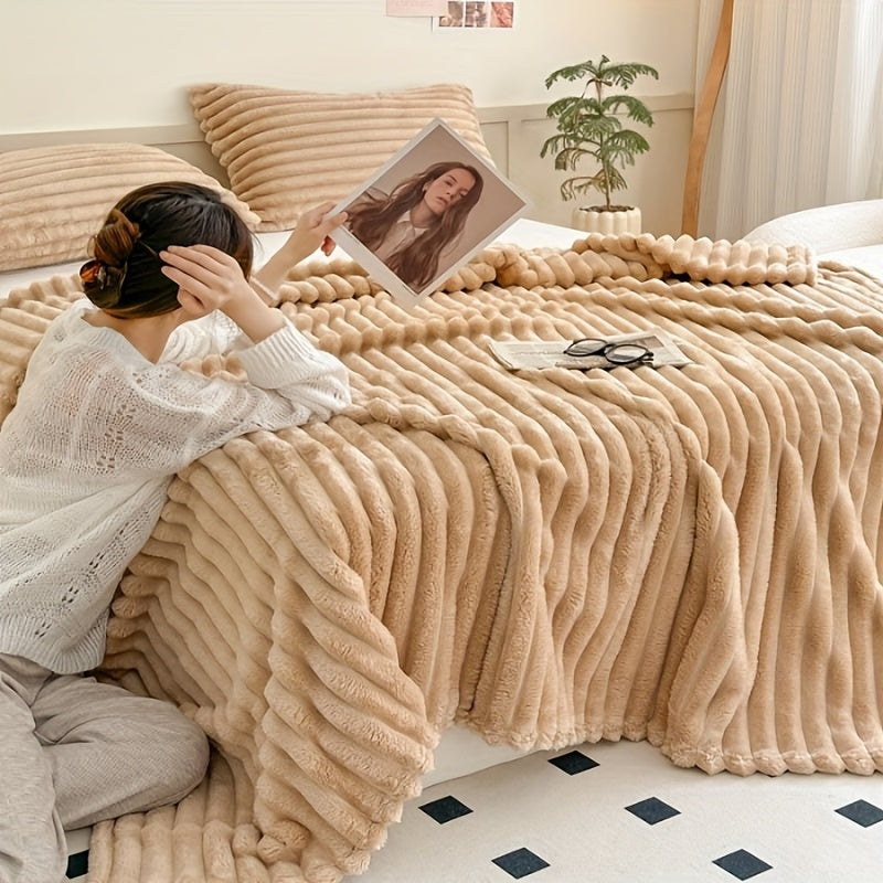 1pc Cozy Double-Sided 3D Rabbit Hair Blanket - Soft, Warm, and Fuzzy for Snuggling Up - Perfect for Office, Outdoor Camping, Sofa, and Gift Giving